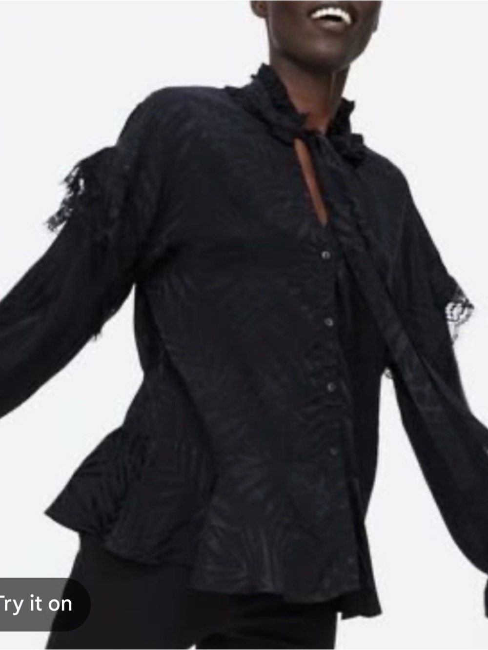 Zara Black Lace-Trim Button-Down Tie-Neck Blouse